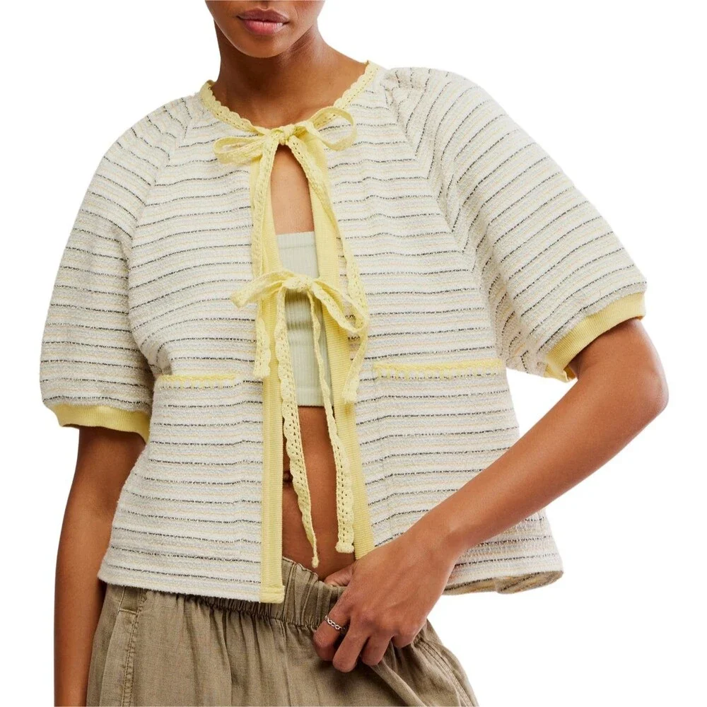 Free People Tropic Stripe Cotton Tie Front  Top M Cottagecore Boho Oversized